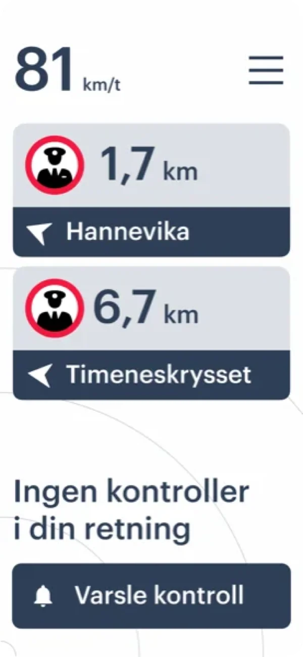 SaferTraffic app interface showing speed limit and police control alerts